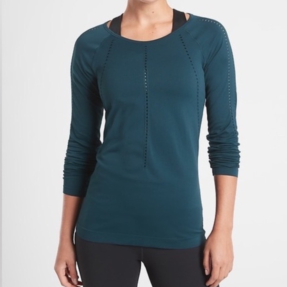 Athleta Foothill Seamless Long Sleeve Shirt Teal Blue Pointelle Mesh Top Large